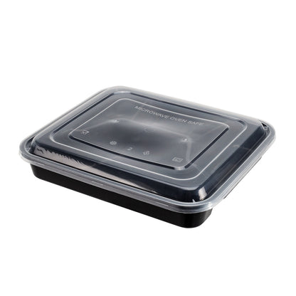 Asporto 34 oz Black Plastic 4 Compartment Food Container - with Clear Lid, Microwavable - 8 3/4" x 7 1/2" x 1 1/2" - 100 count box