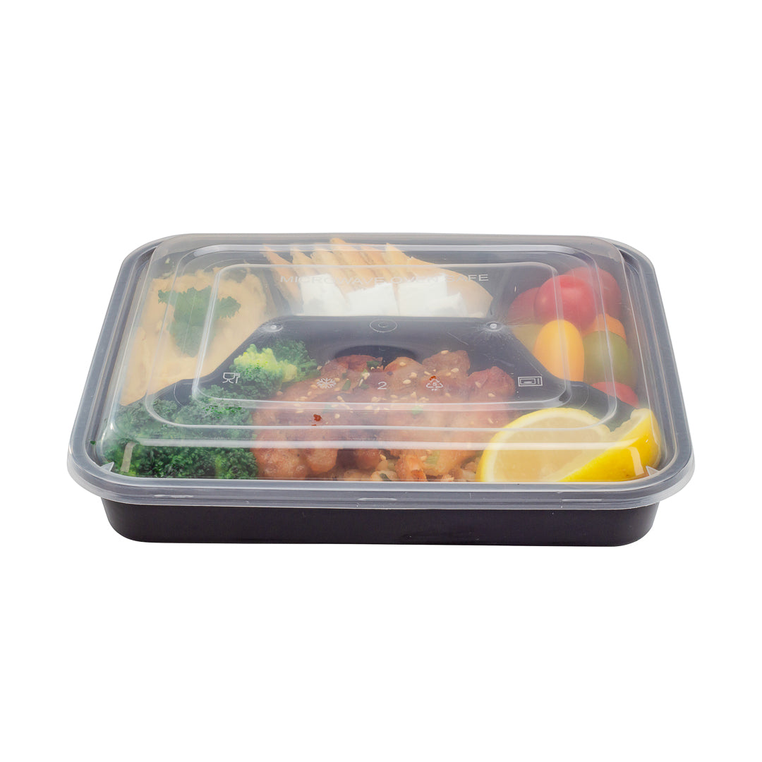 Asporto 34 oz Black Plastic 4 Compartment Food Container - with Clear Lid, Microwavable - 8 3/4" x 7 1/2" x 1 1/2" - 100 count box