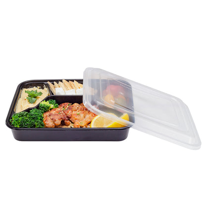 Asporto 34 oz Black Plastic 4 Compartment Food Container - with Clear Lid, Microwavable - 8 3/4" x 7 1/2" x 1 1/2" - 100 count box