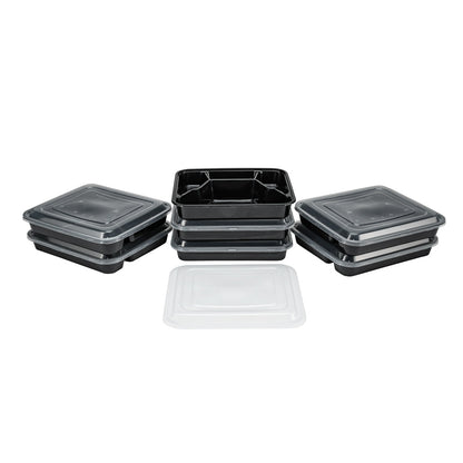 Asporto 34 oz Black Plastic 4 Compartment Food Container - with Clear Lid, Microwavable - 8 3/4" x 7 1/2" x 1 1/2" - 100 count box