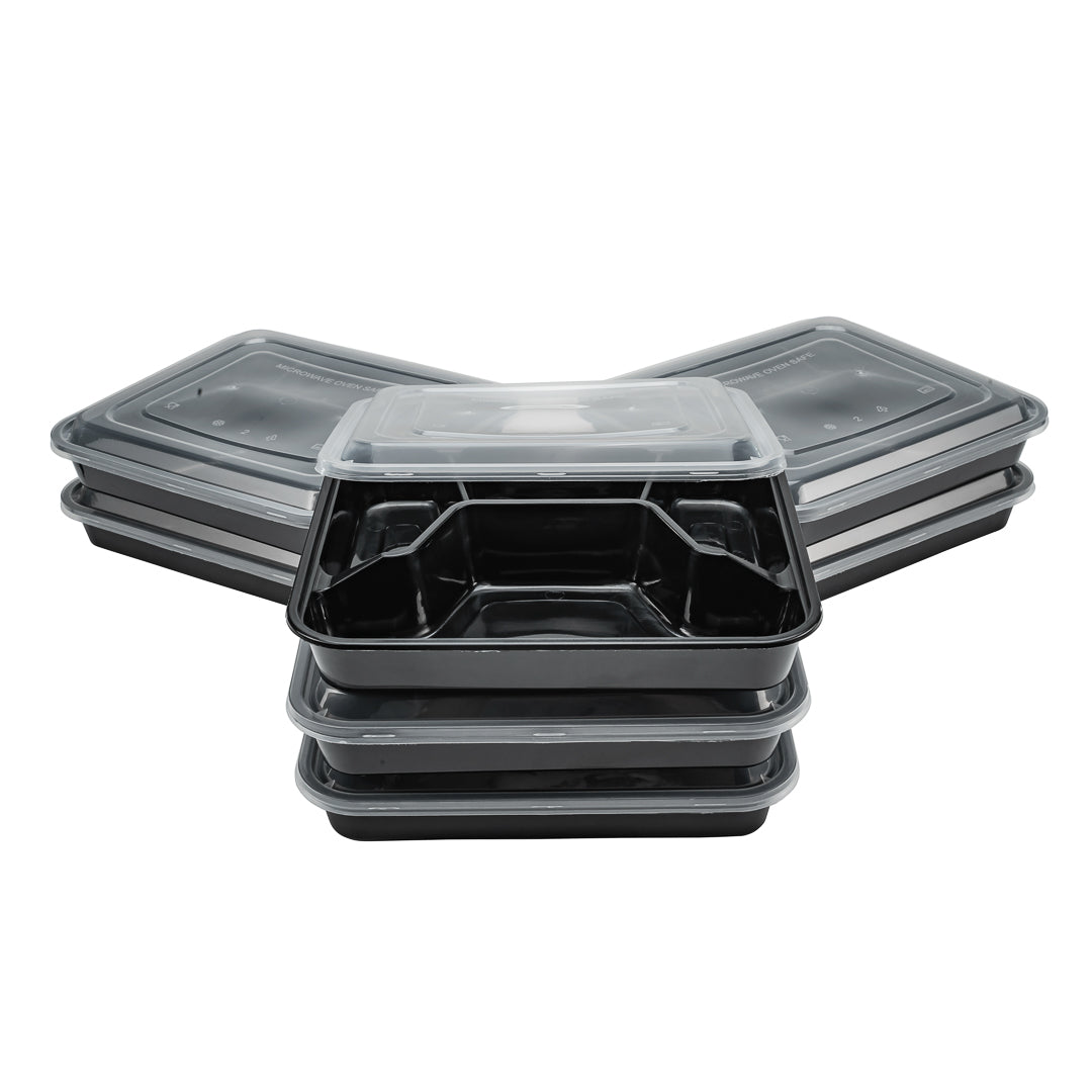 Asporto 34 oz Black Plastic 4 Compartment Food Container - with Clear Lid, Microwavable - 8 3/4" x 7 1/2" x 1 1/2" - 100 count box