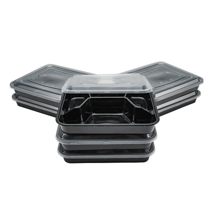Asporto 34 oz Black Plastic 4 Compartment Food Container - with Clear Lid, Microwavable - 8 3/4" x 7 1/2" x 1 1/2" - 100 count box