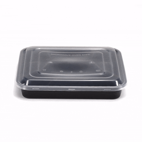 Asporto 34 oz Black Plastic 4 Compartment Food Container - with Clear Lid, Microwavable - 8 3/4" x 7 1/2" x 1 1/2" - 100 count box