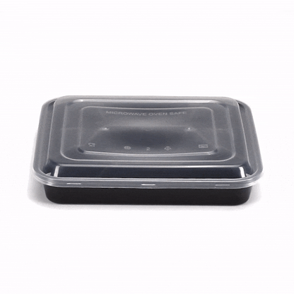 Asporto 34 oz Black Plastic 4 Compartment Food Container - with Clear Lid, Microwavable - 8 3/4" x 7 1/2" x 1 1/2" - 100 count box