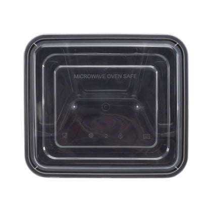 Asporto 34 oz Black Plastic 4 Compartment Food Container - with Clear Lid, Microwavable - 8 3/4" x 7 1/2" x 1 1/2" - 100 count box