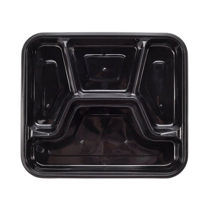 Asporto 34 oz Black Plastic 4 Compartment Food Container - with Clear Lid, Microwavable - 8 3/4" x 7 1/2" x 1 1/2" - 100 count box