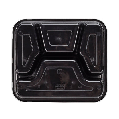 Asporto 34 oz Black Plastic 4 Compartment Food Container - with Clear Lid, Microwavable - 8 3/4" x 7 1/2" x 1 1/2" - 100 count box