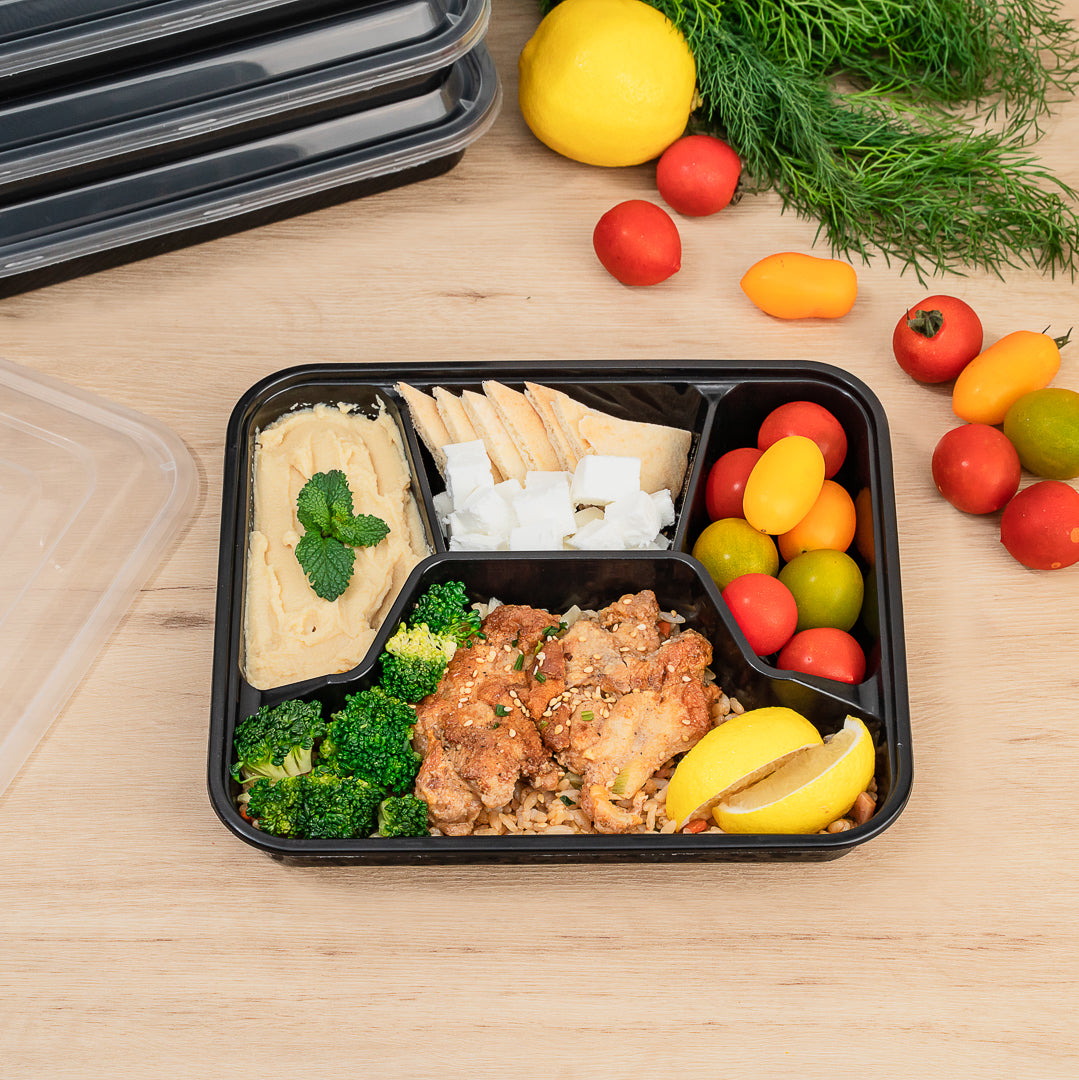 Asporto 34 oz Black Plastic 4 Compartment Food Container - with Clear Lid, Microwavable - 8 3/4" x 7 1/2" x 1 1/2" - 100 count box
