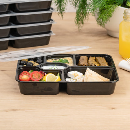 Asporto 53 oz Black Plastic 6 Compartment Food Container - with Clear Lid, Microwavable - 9 3/4" x 8 1/4" x 1 3/4" - 100 count box