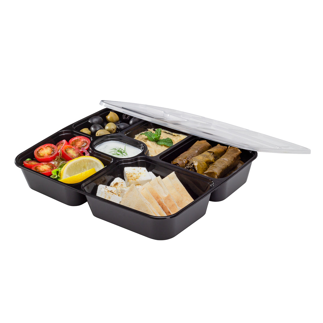 Asporto 53 oz Black Plastic 6 Compartment Food Container - with Clear Lid, Microwavable - 9 3/4" x 8 1/4" x 1 3/4" - 100 count box