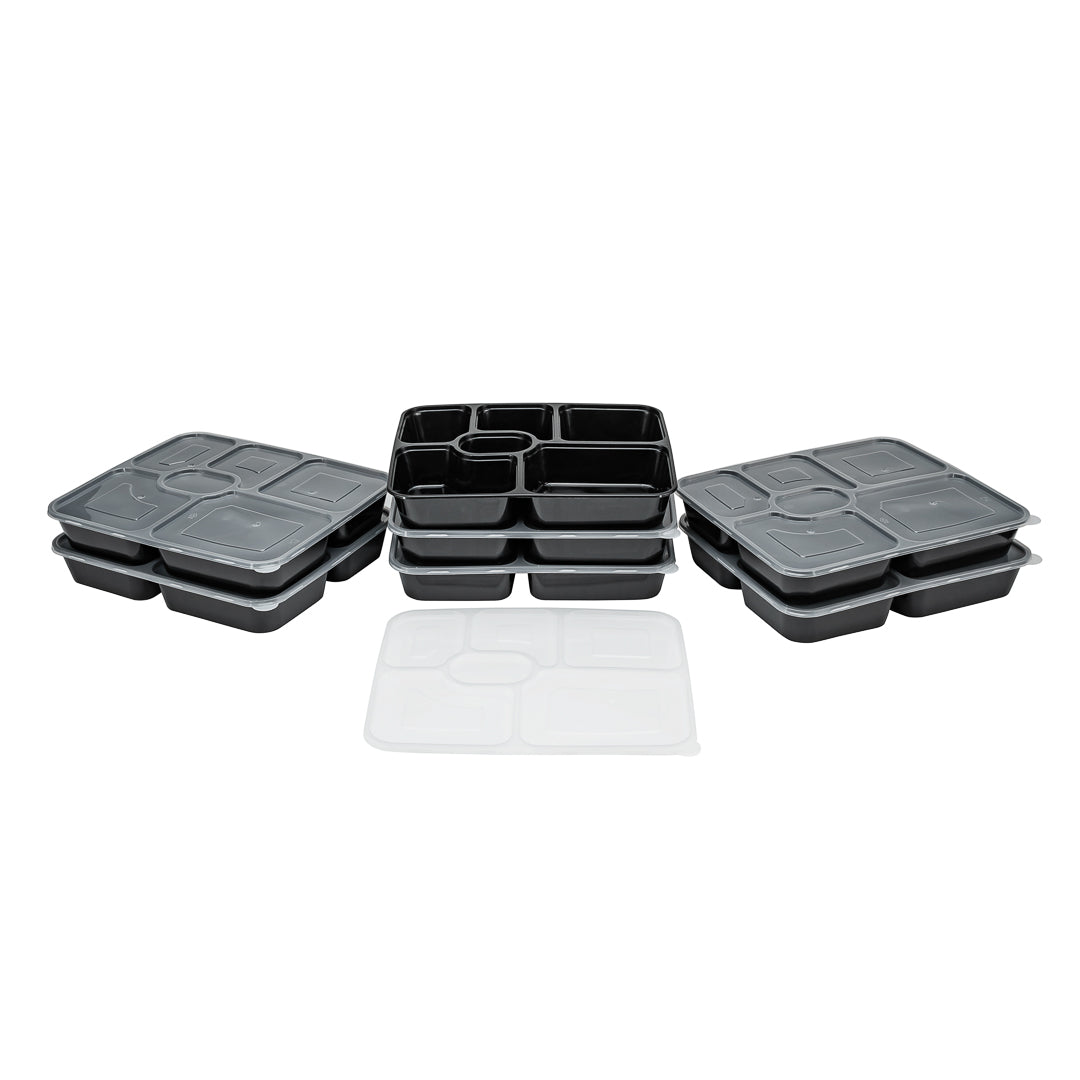 Asporto 53 oz Black Plastic 6 Compartment Food Container - with Clear Lid, Microwavable - 9 3/4" x 8 1/4" x 1 3/4" - 100 count box