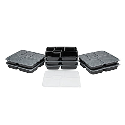 Asporto 53 oz Black Plastic 6 Compartment Food Container - with Clear Lid, Microwavable - 9 3/4" x 8 1/4" x 1 3/4" - 100 count box