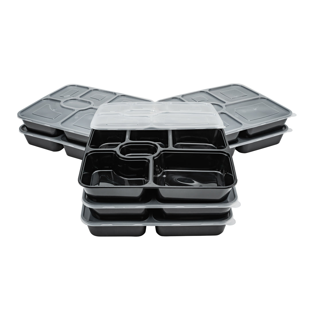 Asporto 53 oz Black Plastic 6 Compartment Food Container - with Clear Lid, Microwavable - 9 3/4" x 8 1/4" x 1 3/4" - 100 count box