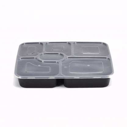 Asporto 53 oz Black Plastic 6 Compartment Food Container - with Clear Lid, Microwavable - 9 3/4" x 8 1/4" x 1 3/4" - 100 count box