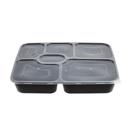 Asporto 53 oz Black Plastic 6 Compartment Food Container - with Clear Lid, Microwavable - 9 3/4" x 8 1/4" x 1 3/4" - 100 count box