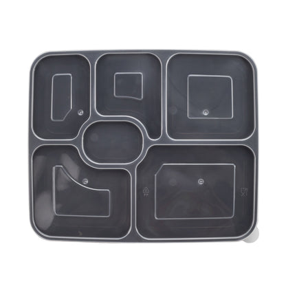 Asporto 53 oz Black Plastic 6 Compartment Food Container - with Clear Lid, Microwavable - 9 3/4" x 8 1/4" x 1 3/4" - 100 count box