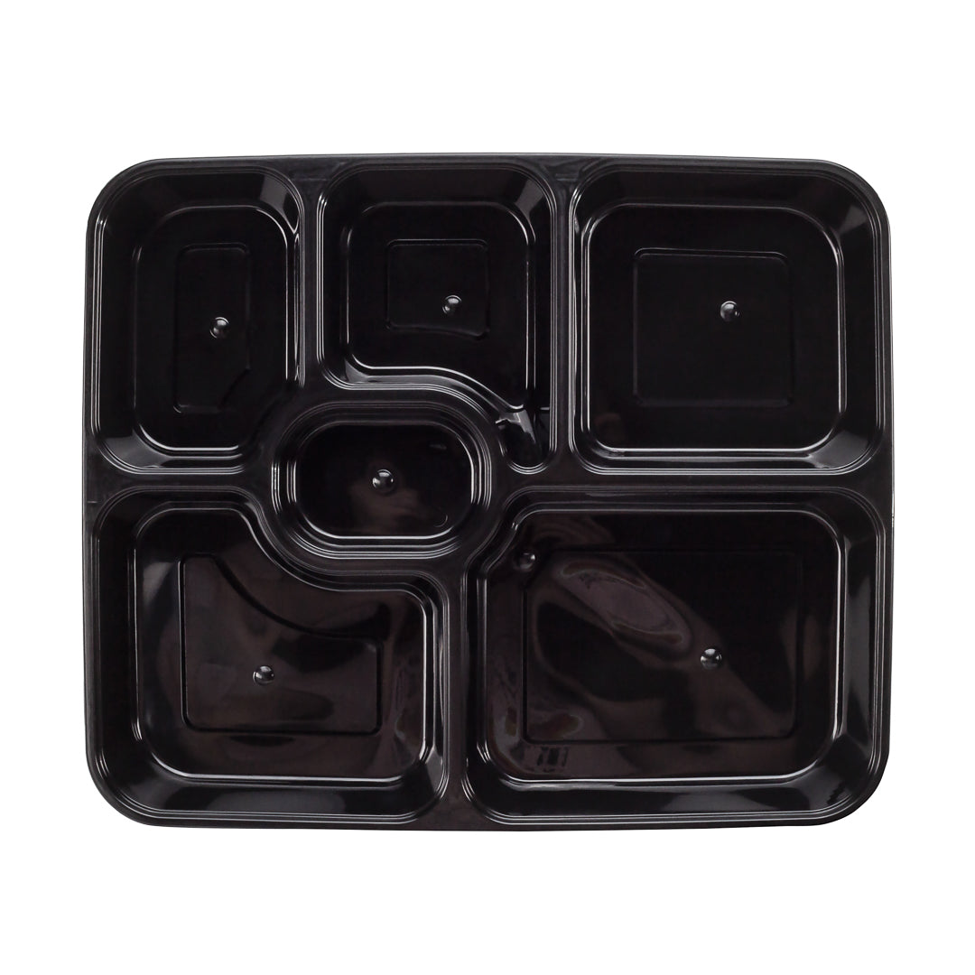 Asporto 53 oz Black Plastic 6 Compartment Food Container - with Clear Lid, Microwavable - 9 3/4" x 8 1/4" x 1 3/4" - 100 count box