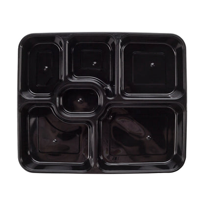 Asporto 53 oz Black Plastic 6 Compartment Food Container - with Clear Lid, Microwavable - 9 3/4" x 8 1/4" x 1 3/4" - 100 count box