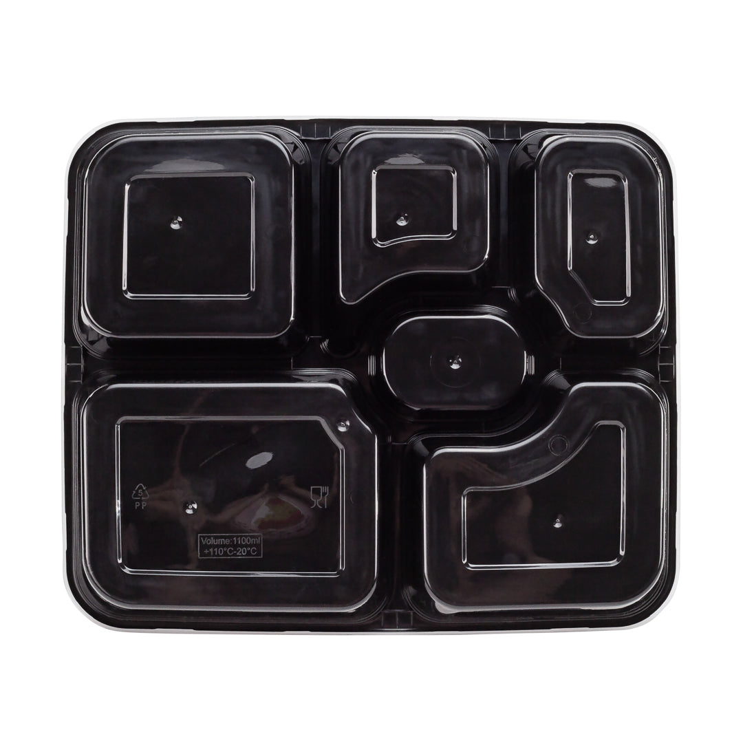 Asporto 53 oz Black Plastic 6 Compartment Food Container - with Clear Lid, Microwavable - 9 3/4" x 8 1/4" x 1 3/4" - 100 count box
