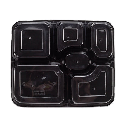Asporto 53 oz Black Plastic 6 Compartment Food Container - with Clear Lid, Microwavable - 9 3/4" x 8 1/4" x 1 3/4" - 100 count box