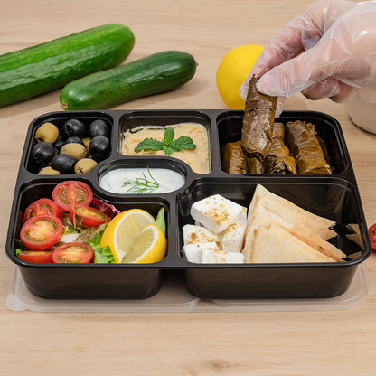 Asporto 53 oz Black Plastic 6 Compartment Food Container - with Clear Lid, Microwavable - 9 3/4" x 8 1/4" x 1 3/4" - 100 count box