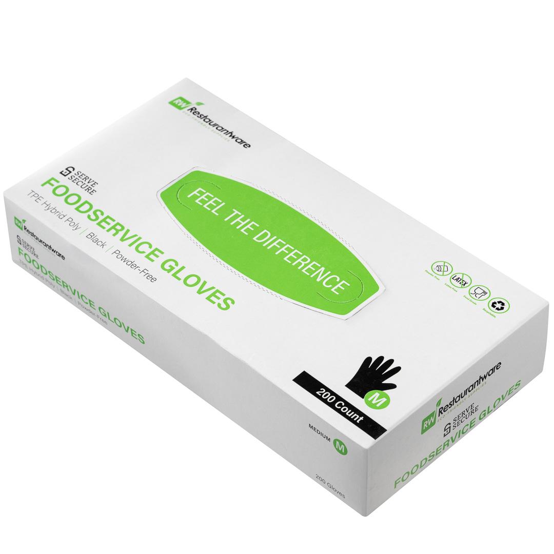 Serve Secure Black TPE Hybrid Plastic Medium Foodservice Gloves - Latex Free, Powder Free - 10 1/4" x 8 1/2" - 200 count box