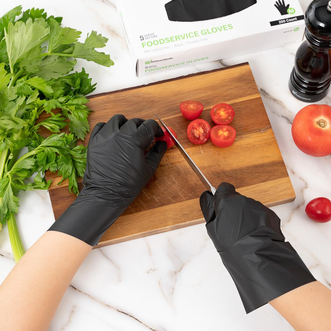 Serve Secure Black TPE Hybrid Plastic Medium Foodservice Gloves - Latex Free, Powder Free - 10 1/4" x 8 1/2" - 200 count box