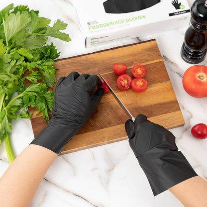 Serve Secure Black TPE Hybrid Plastic Medium Foodservice Gloves - Latex Free, Powder Free - 10 1/4" x 8 1/2" - 200 count box