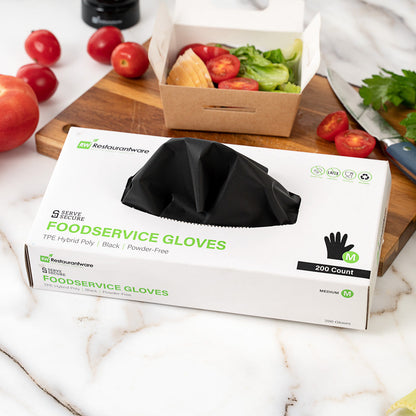 Serve Secure Black TPE Hybrid Plastic Medium Foodservice Gloves - Latex Free, Powder Free - 10 1/4" x 8 1/2" - 1000 count box