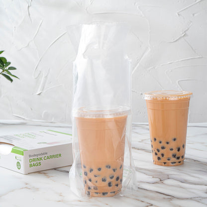 Basic Nature Clear Plastic Drink Carrier Bag - Fits 1 Cup, Biodegradable - 6 1/4" x 3 1/4" x 11" - 100 count box