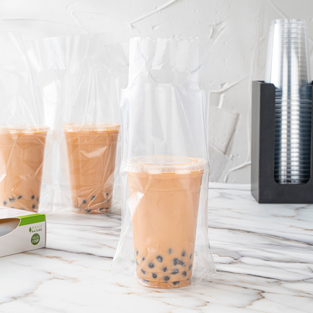 Basic Nature Clear Plastic Drink Carrier Bag - Fits 1 Cup, Biodegradable - 6 1/4" x 3 1/4" x 11" - 100 count box