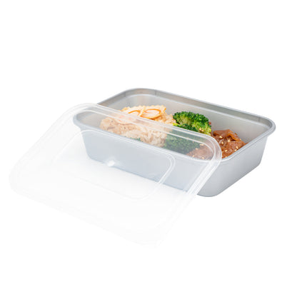 Futura 17 oz Silver Plastic Take Out Container - with Clear Lid, Microwavable - 6 3/4" x 4 1/2" x 2" - 100 count box