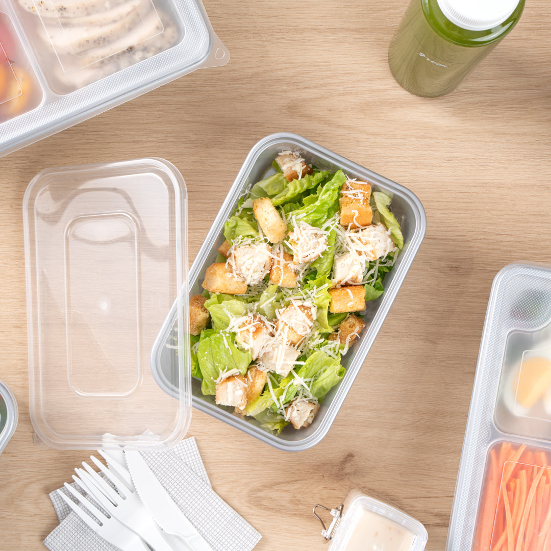 Futura 22 oz Silver Plastic Take Out Container - with Clear Lid, Microwavable - 6 3/4" x 4 1/2" x 2 1/4" - 100 count box