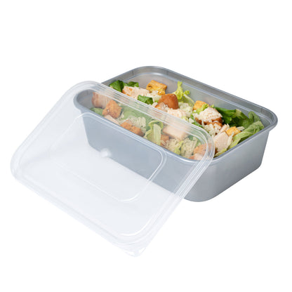 Futura 22 oz Silver Plastic Take Out Container - with Clear Lid, Microwavable - 6 3/4" x 4 1/2" x 2 1/4" - 100 count box
