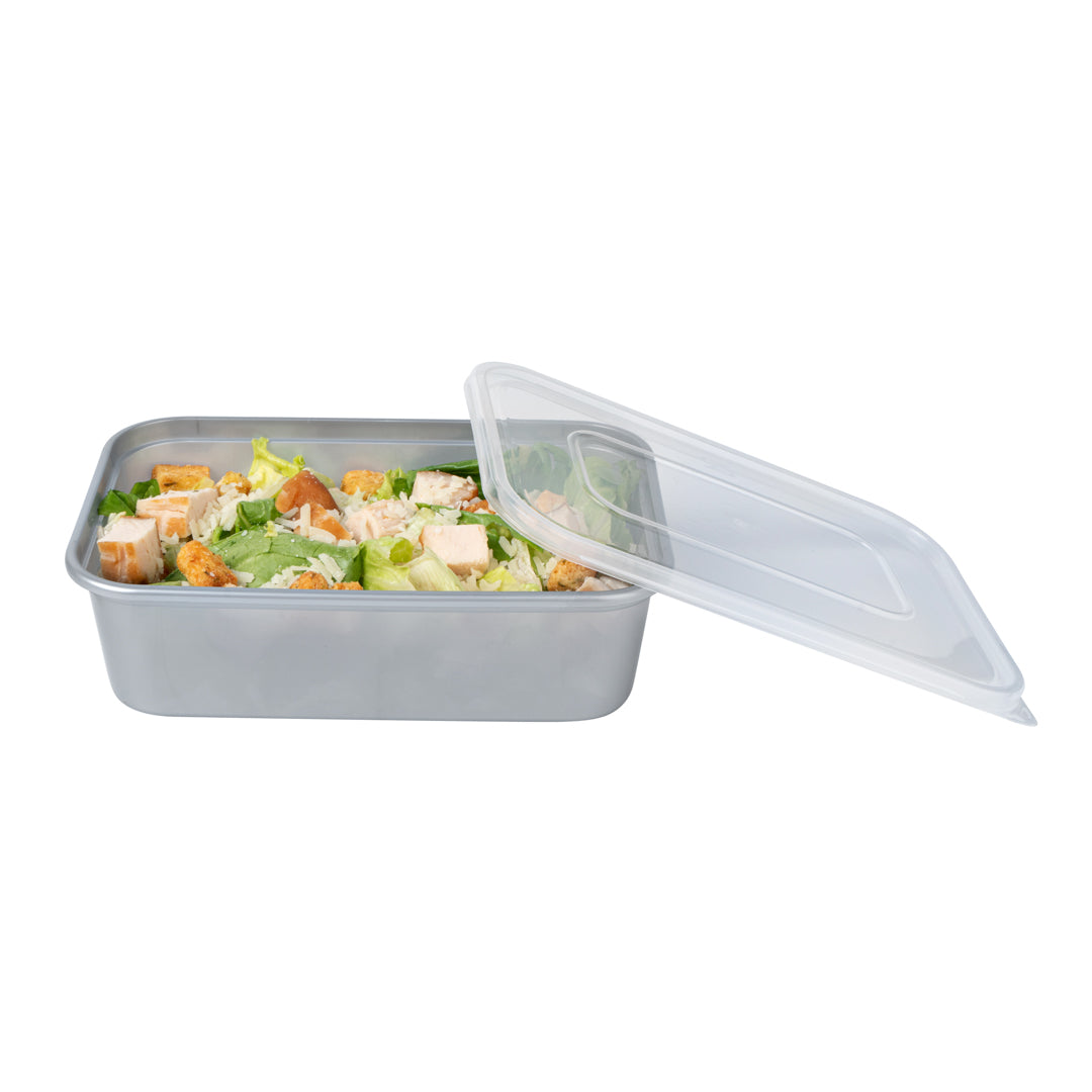 Futura 22 oz Silver Plastic Take Out Container - with Clear Lid, Microwavable - 6 3/4" x 4 1/2" x 2 1/4" - 100 count box