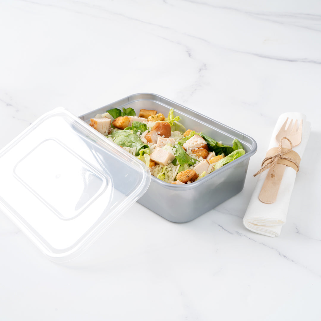 Futura 22 oz Silver Plastic Take Out Container - with Clear Lid, Microwavable - 6 3/4" x 4 1/2" x 2 1/4" - 100 count box