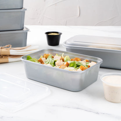 Futura 22 oz Silver Plastic Take Out Container - with Clear Lid, Microwavable - 6 3/4" x 4 1/2" x 2 1/4" - 100 count box