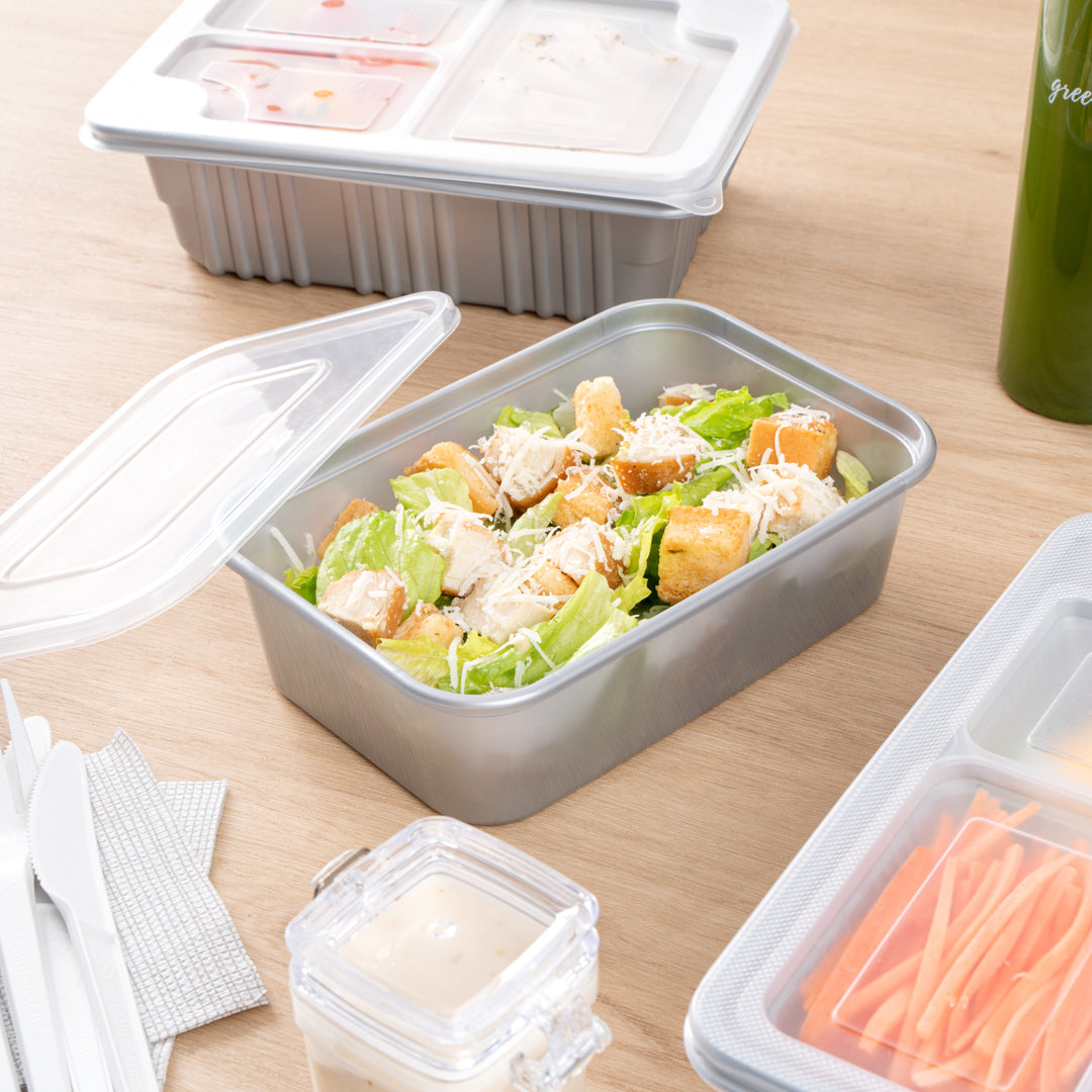 Futura 22 oz Silver Plastic Take Out Container - with Clear Lid, Microwavable - 6 3/4" x 4 1/2" x 2 1/4" - 100 count box