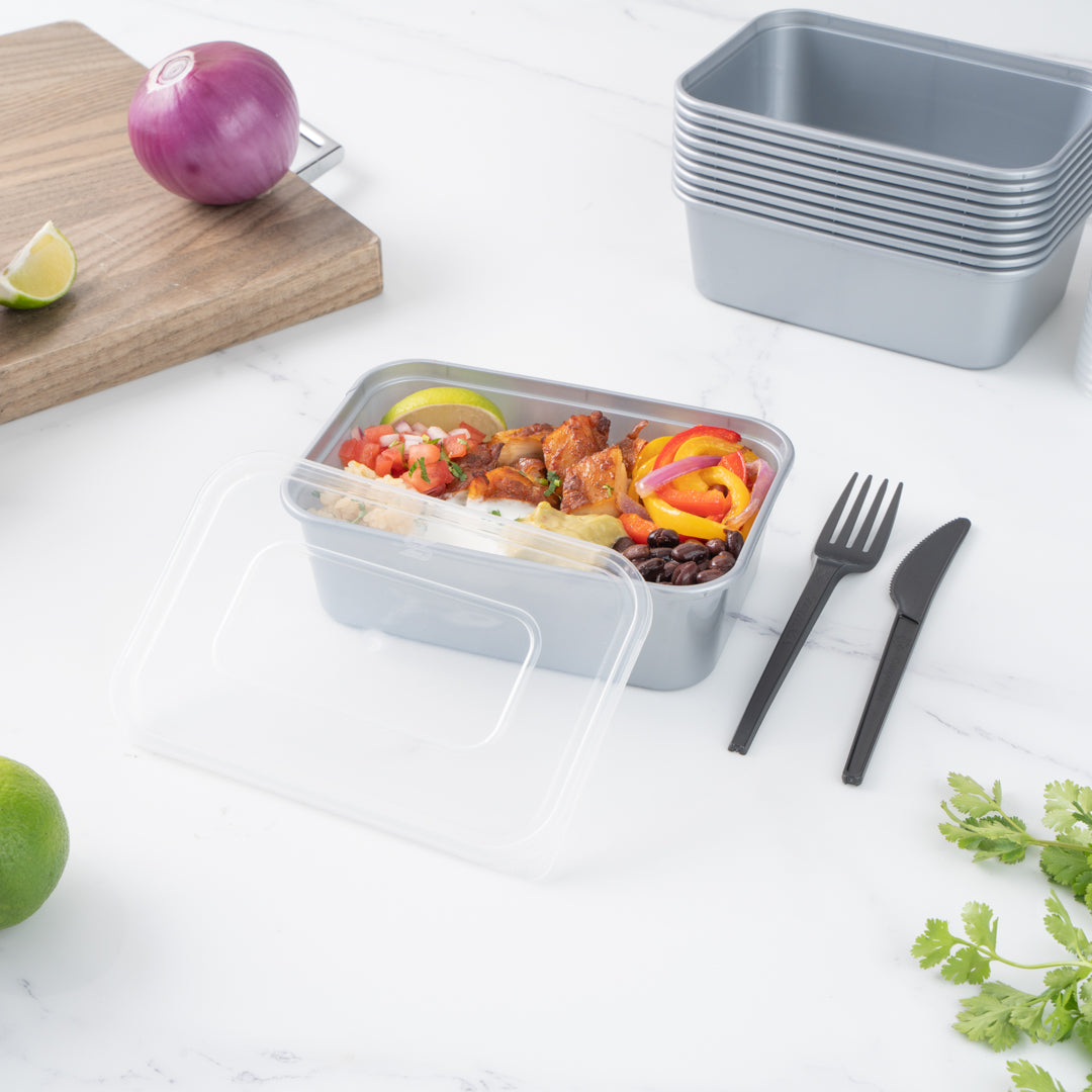 Futura 25 oz Silver Plastic Take Out Container - with Clear Lid, Microwavable - 6 3/4" x 4 1/2" x 2 1/4" - 100 count box