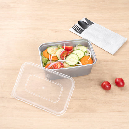 Futura 32 oz Silver Plastic Take Out Container - with Clear Lid, Microwavable, Inserts Available - 6 3/4" x 4 1/2" x 2 3/4" - 100 count box