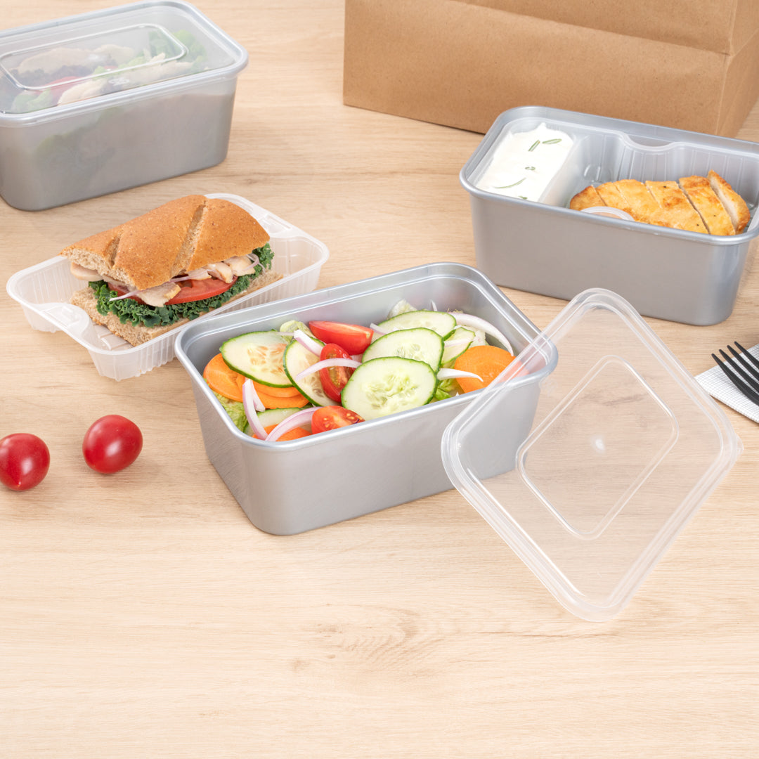 Futura 32 oz Silver Plastic Take Out Container - with Clear Lid, Microwavable, Inserts Available - 6 3/4" x 4 1/2" x 2 3/4" - 100 count box