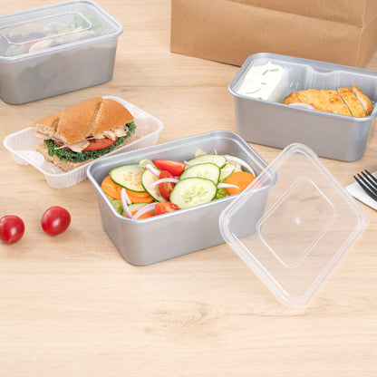 Futura 32 oz Silver Plastic Take Out Container - with Clear Lid, Microwavable, Inserts Available - 6 3/4" x 4 1/2" x 2 3/4" - 100 count box