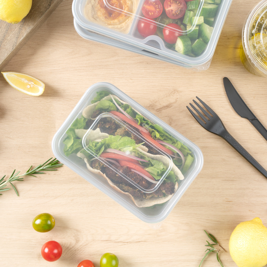 Futura 37 oz Silver Plastic Take Out Container - with Clear Lid, Microwavable, Inserts Available - 6 3/4" x 4 1/2" x 2 3/4" - 100 count box