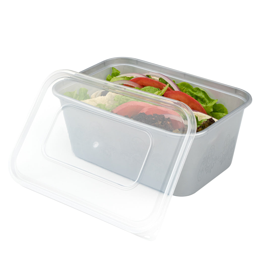 Futura 37 oz Silver Plastic Take Out Container - with Clear Lid, Microwavable, Inserts Available - 6 3/4" x 4 1/2" x 2 3/4" - 100 count box