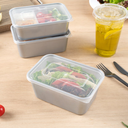 Futura 37 oz Silver Plastic Take Out Container - with Clear Lid, Microwavable, Inserts Available - 6 3/4" x 4 1/2" x 2 3/4" - 100 count box