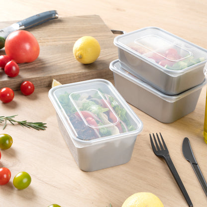 Futura 37 oz Silver Plastic Take Out Container - with Clear Lid, Microwavable, Inserts Available - 6 3/4" x 4 1/2" x 2 3/4" - 100 count box