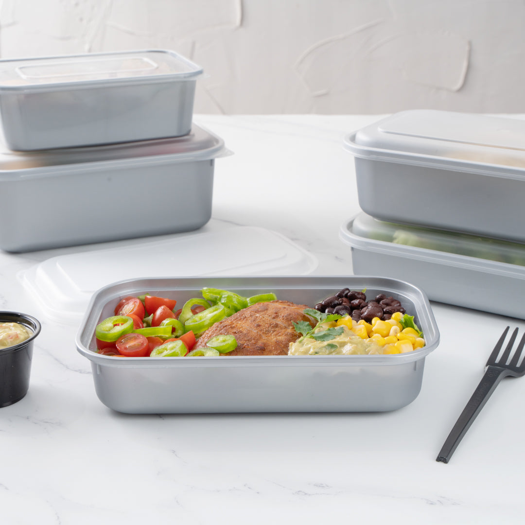 Futura 24 oz Silver Plastic Heavy Duty Container - with Frosted Lid, Microwavable, Inserts Available - 8 1/4" x 5" x 2 1/4" - 100 count box