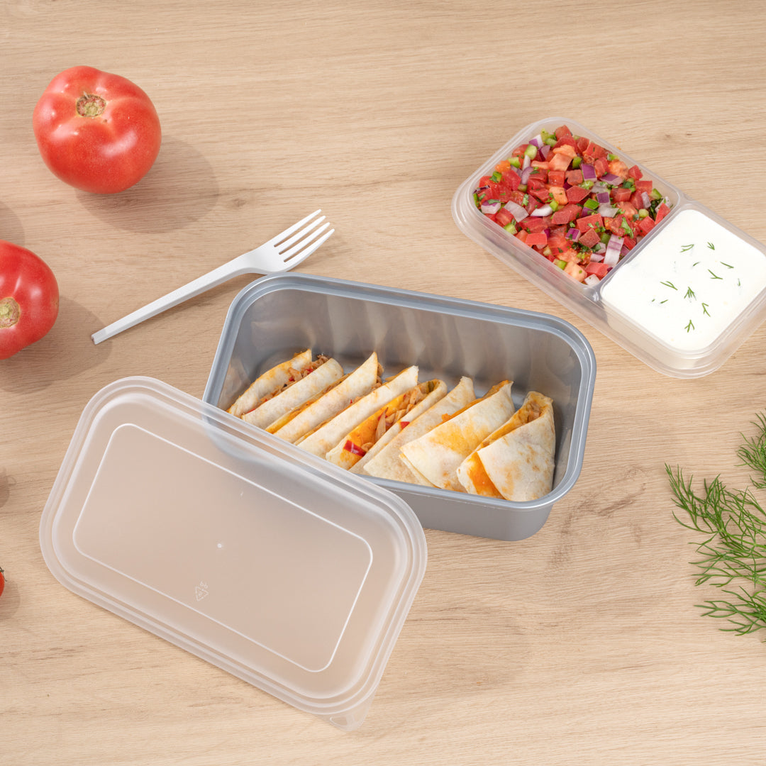 Futura 44 oz Silver Plastic Heavy Duty Container - with Frosted Lid, Microwavable, Inserts Available - 8 1/4" x 5" x 3 1/4" - 100 count box