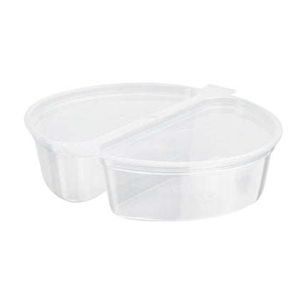 Futura 6 oz Clear Plastic Snack / Condiment Container - with Lid, 2-Compartment, Microwavable - 4" x 3 1/4" x 1" - 100 count box