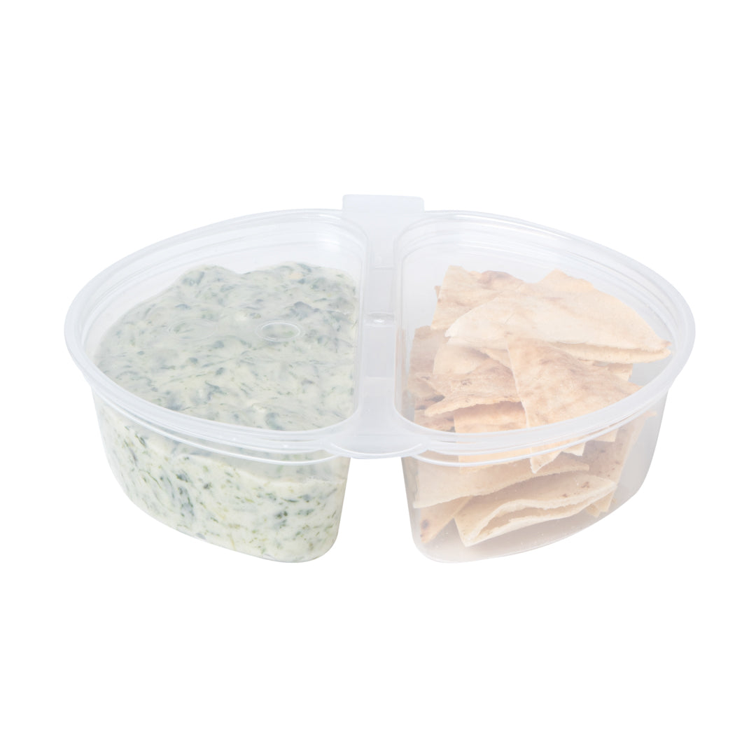 Futura 6 oz Clear Plastic Snack / Condiment Container - with Lid, 2-Compartment, Microwavable - 4" x 3 1/4" x 1" - 100 count box